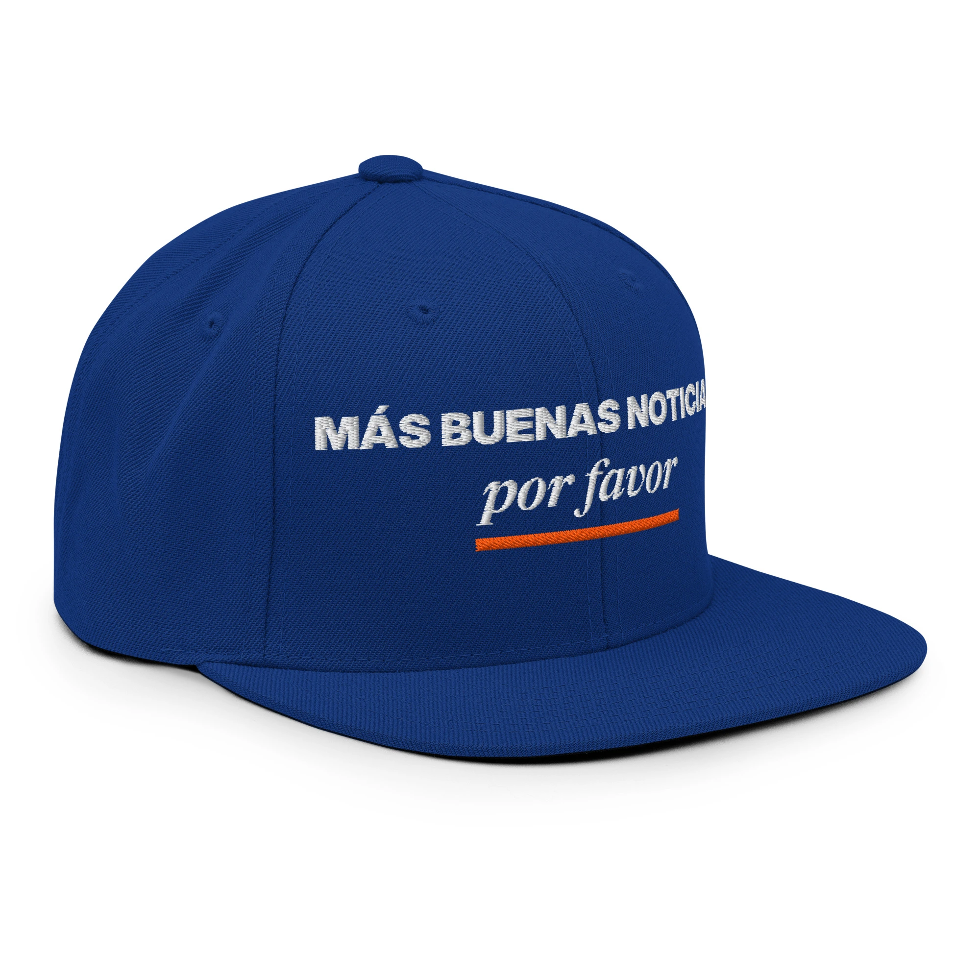 Gorra snapback bordada «Más buenas noticias, por favor» de GUAY.news en color azul real (vista lateral derecha)