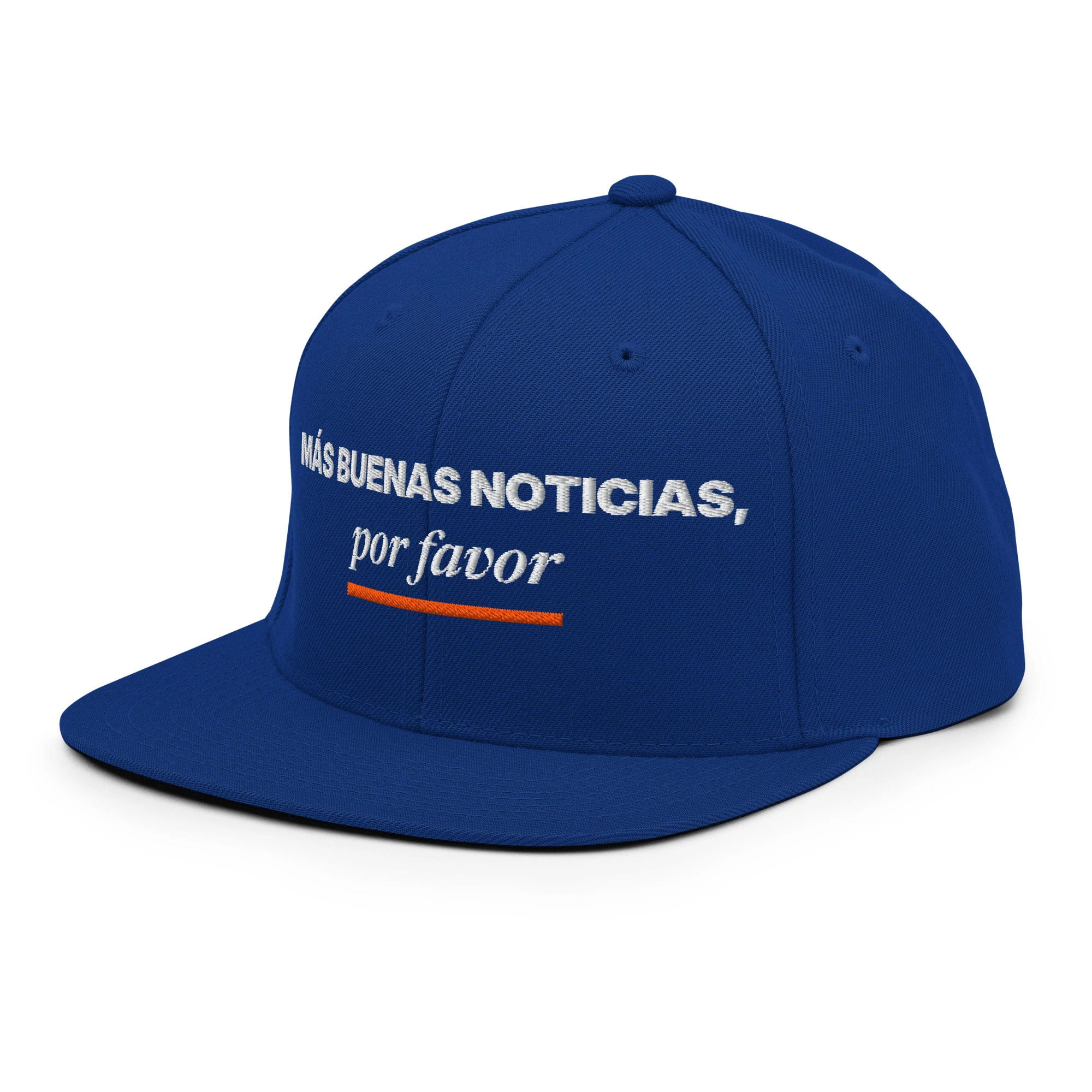Gorra snapback bordada «Más buenas noticias, por favor» de GUAY.news en color azul real (vista lateral izquierda)