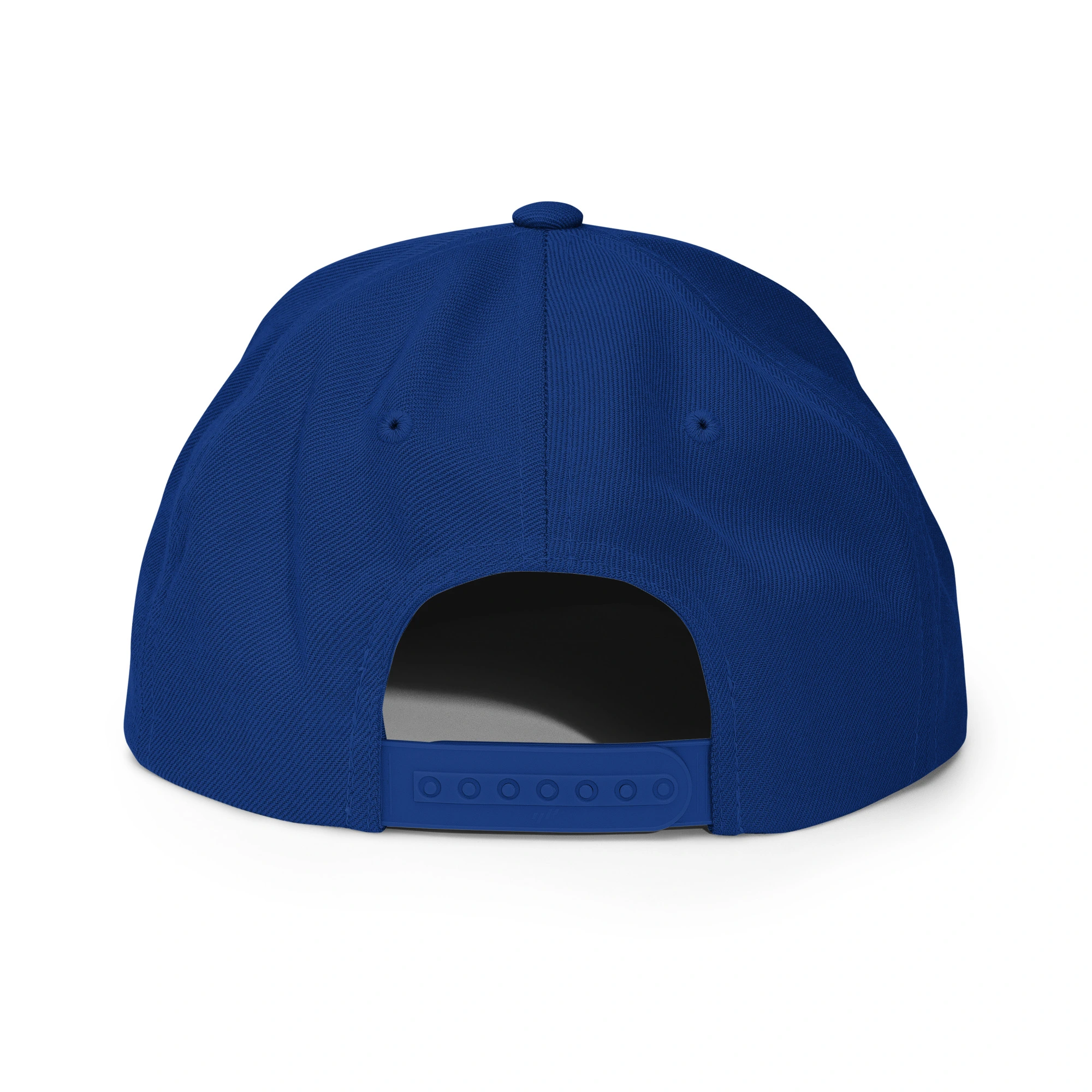 Gorra snapback bordada «Más buenas noticias, por favor» de GUAY.news en color azul real (vista trasera)