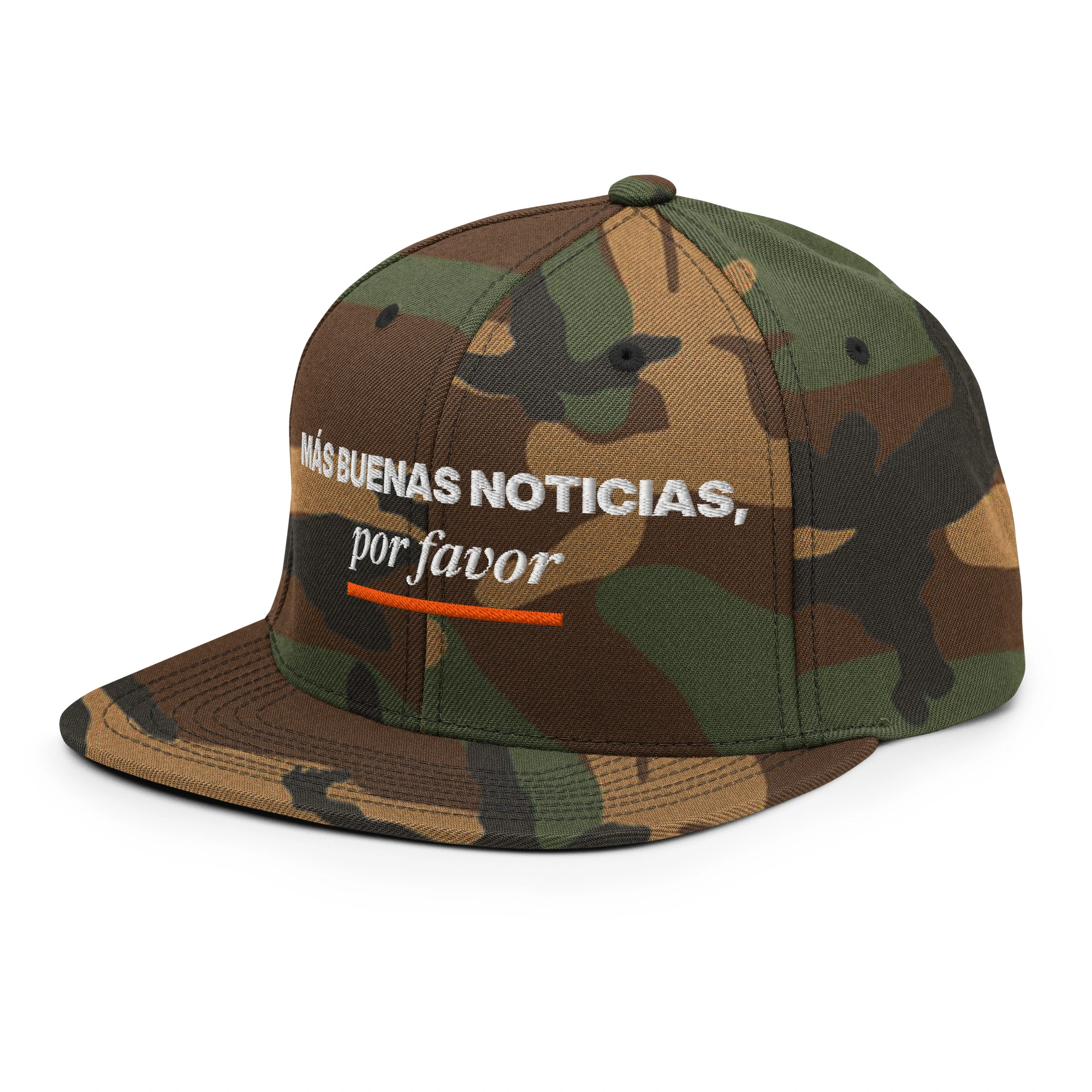 Gorra snapback bordada «Más buenas noticias, por favor» de GUAY.news en color camuflaje verde (vista lateral izquierda)