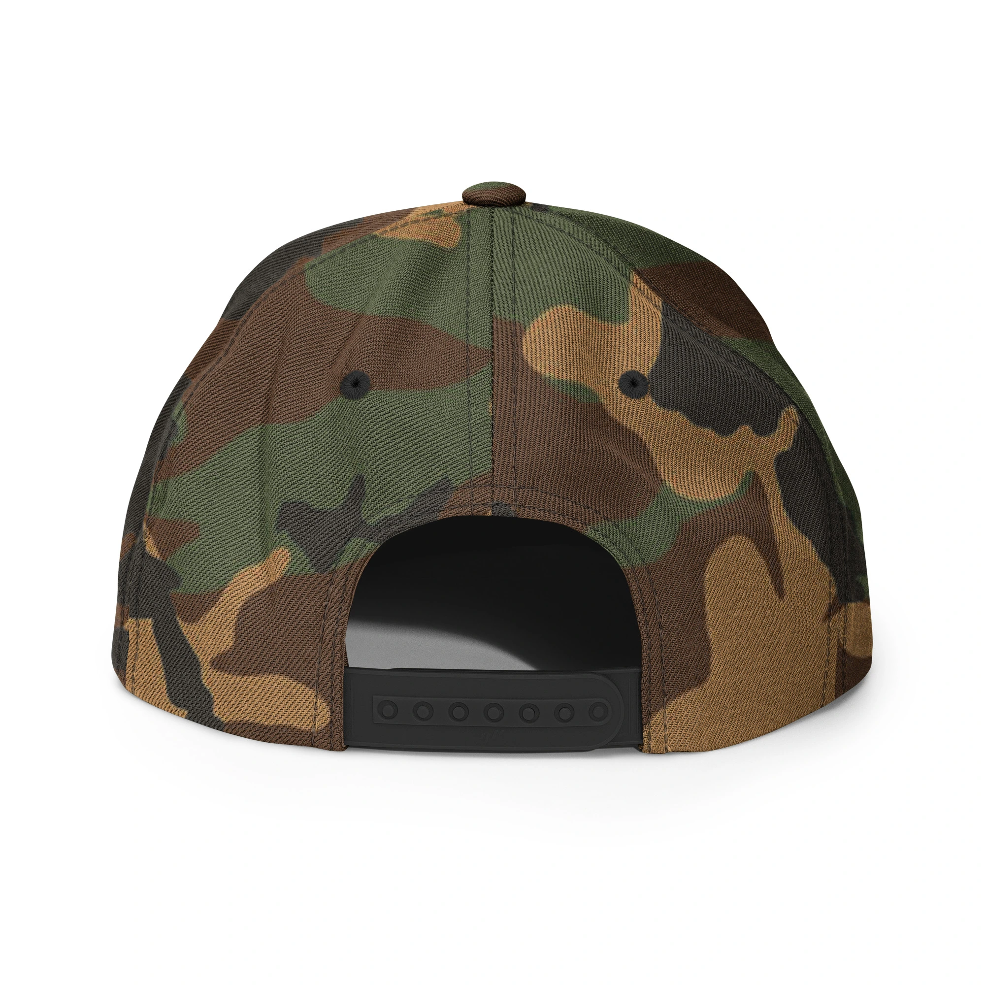 Gorra snapback bordada «Más buenas noticias, por favor» de GUAY.news en color camuflaje verde (vista trasera)