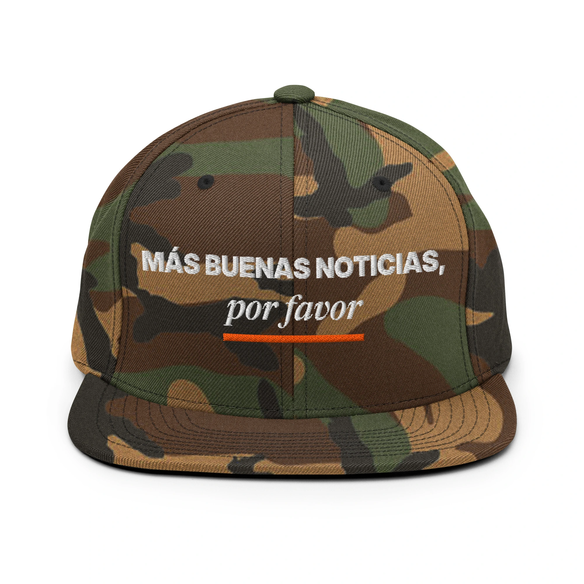 Gorra snapback bordada «Más buenas noticias, por favor» de GUAY.news en color camuflaje verde