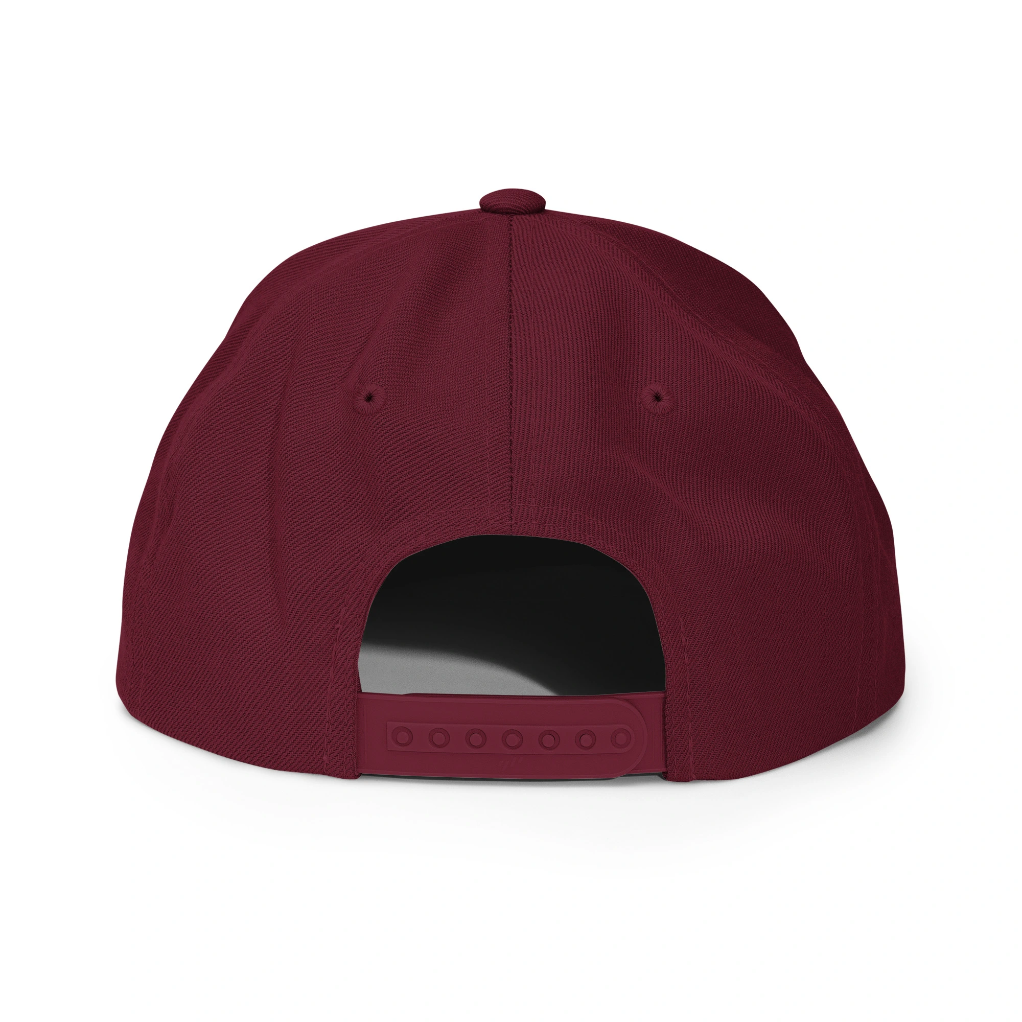 Gorra snapback bordada «Más buenas noticias, por favor» de GUAY.news en color granate (vista trasera)