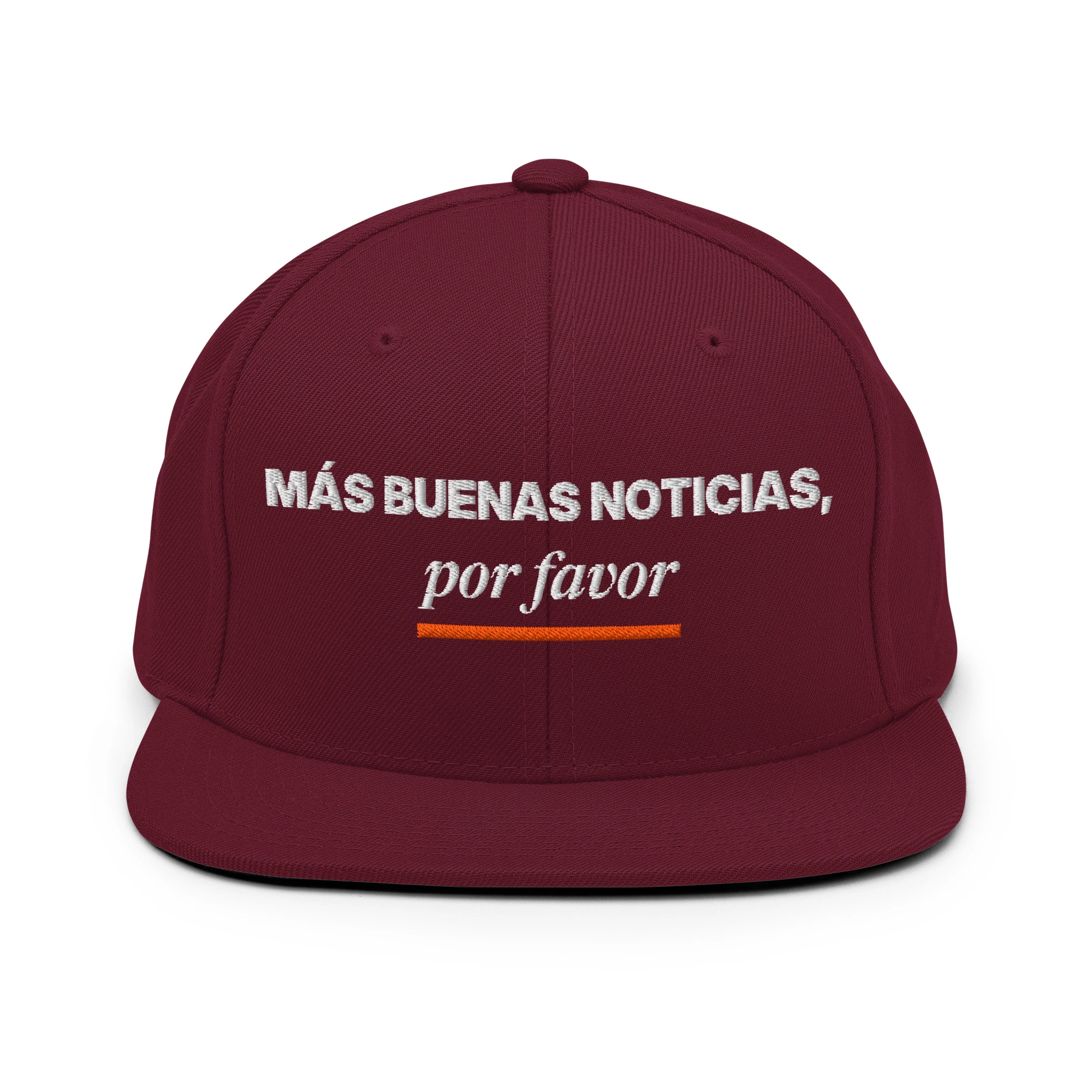 Gorra snapback bordada «Más buenas noticias, por favor» de GUAY.news en color granate