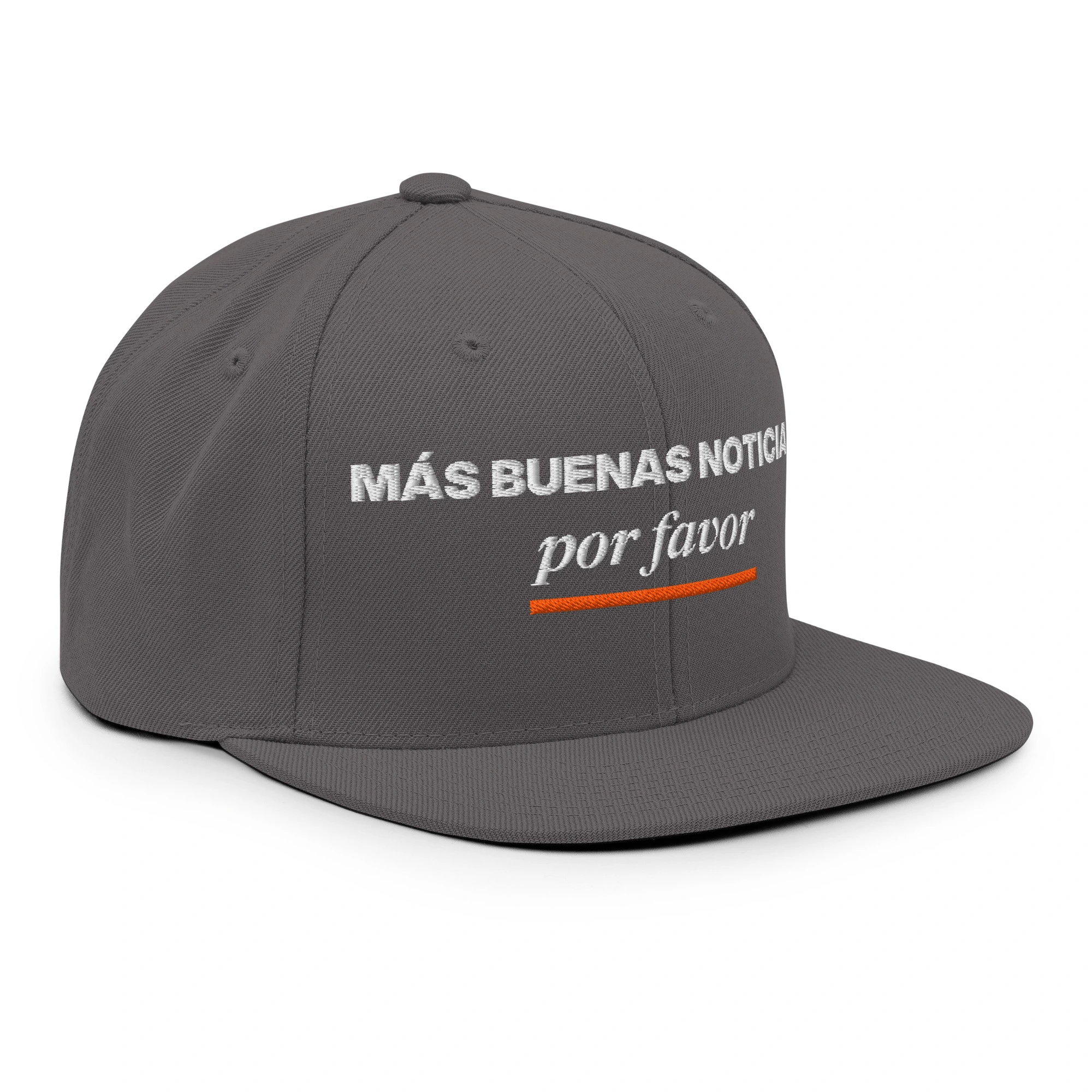 Gorra snapback bordada «Más buenas noticias, por favor» de GUAY.news en color gris oscuro (vista lateral derecha)