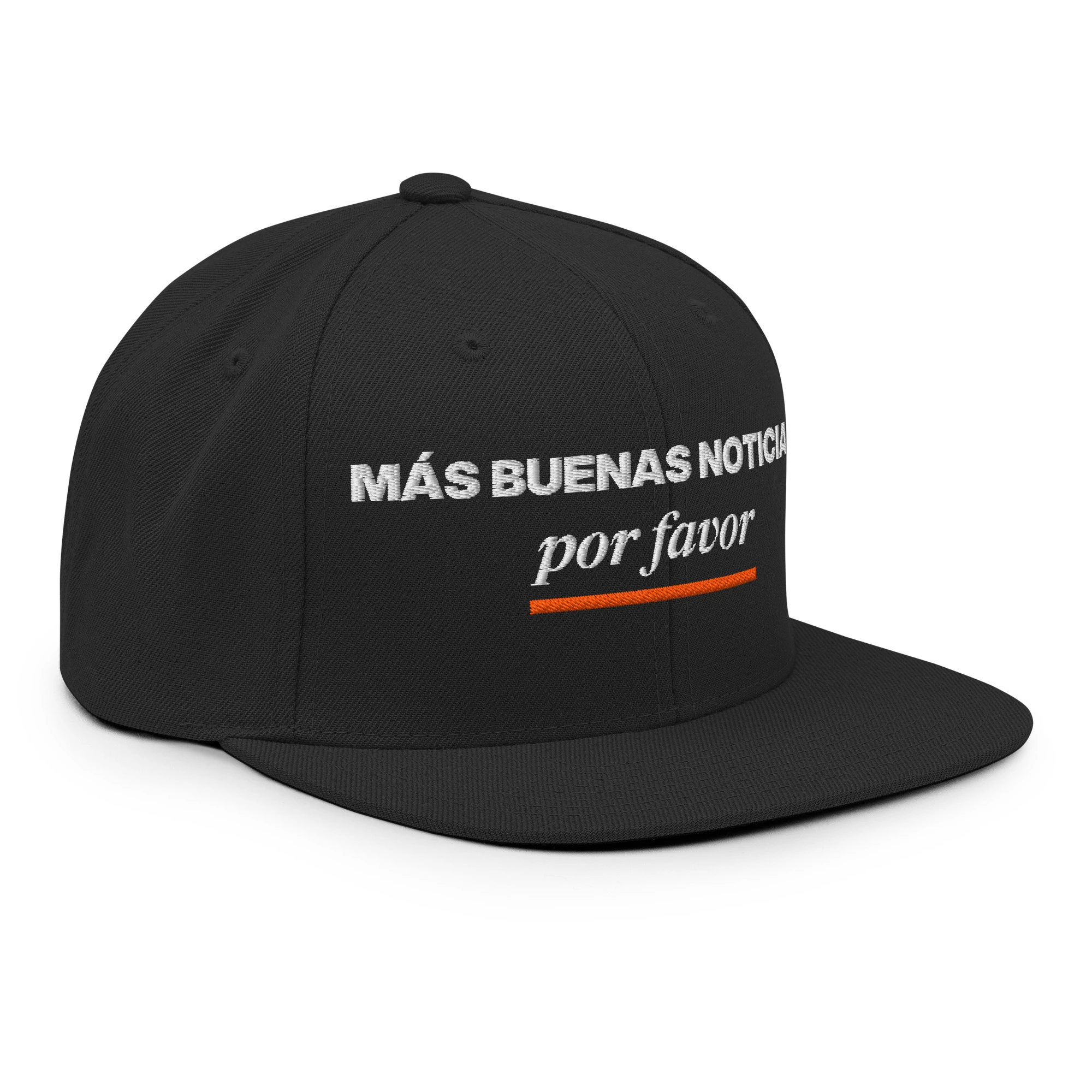 Gorra snapback bordada «Más buenas noticias, por favor» de GUAY.news en color negro (vista lateral derecha)