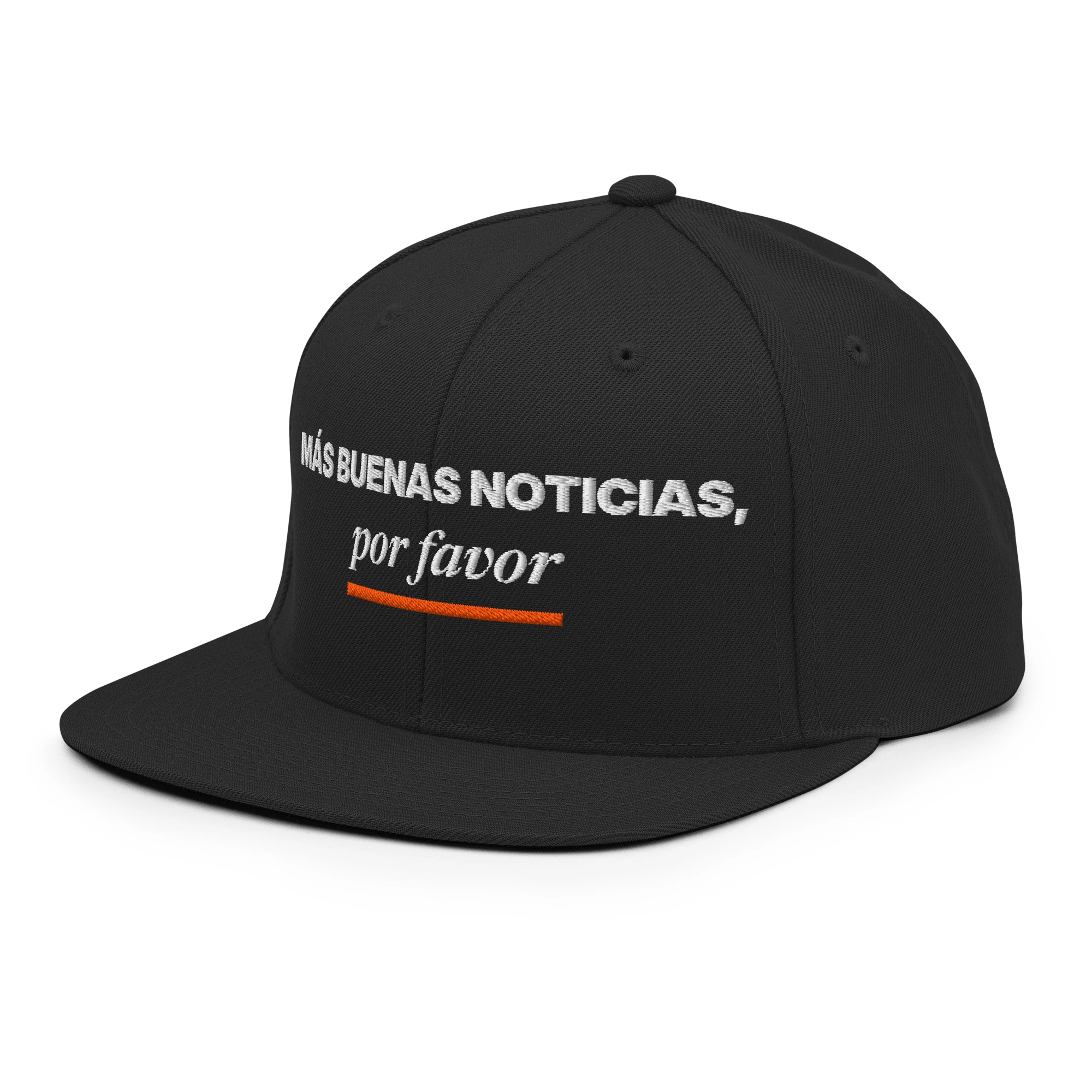 Gorra snapback bordada «Más buenas noticias, por favor» de GUAY.news en color negro (vista lateral izquierda)