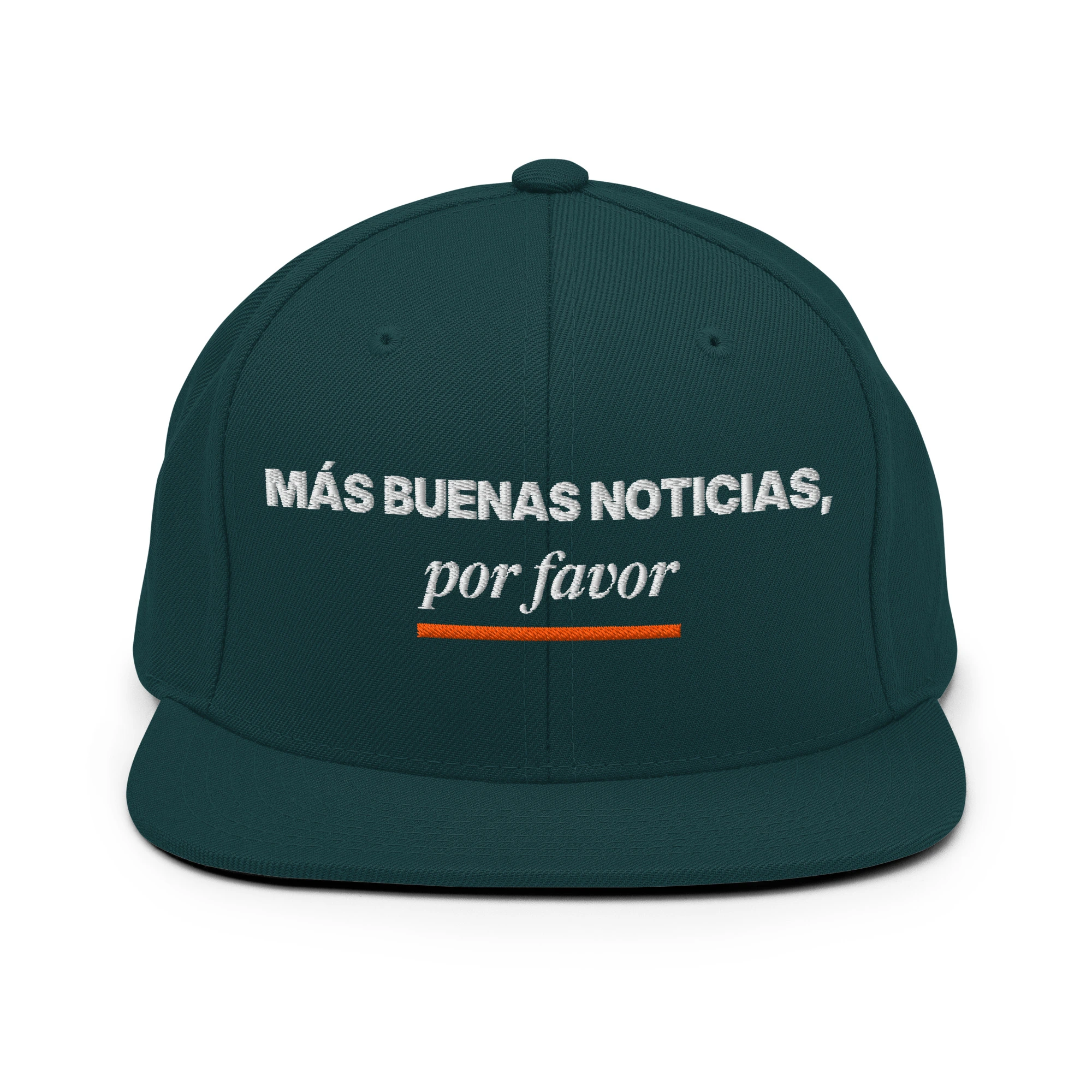 Gorra snapback bordada «Más buenas noticias, por favor» de GUAY.news en color verde pino