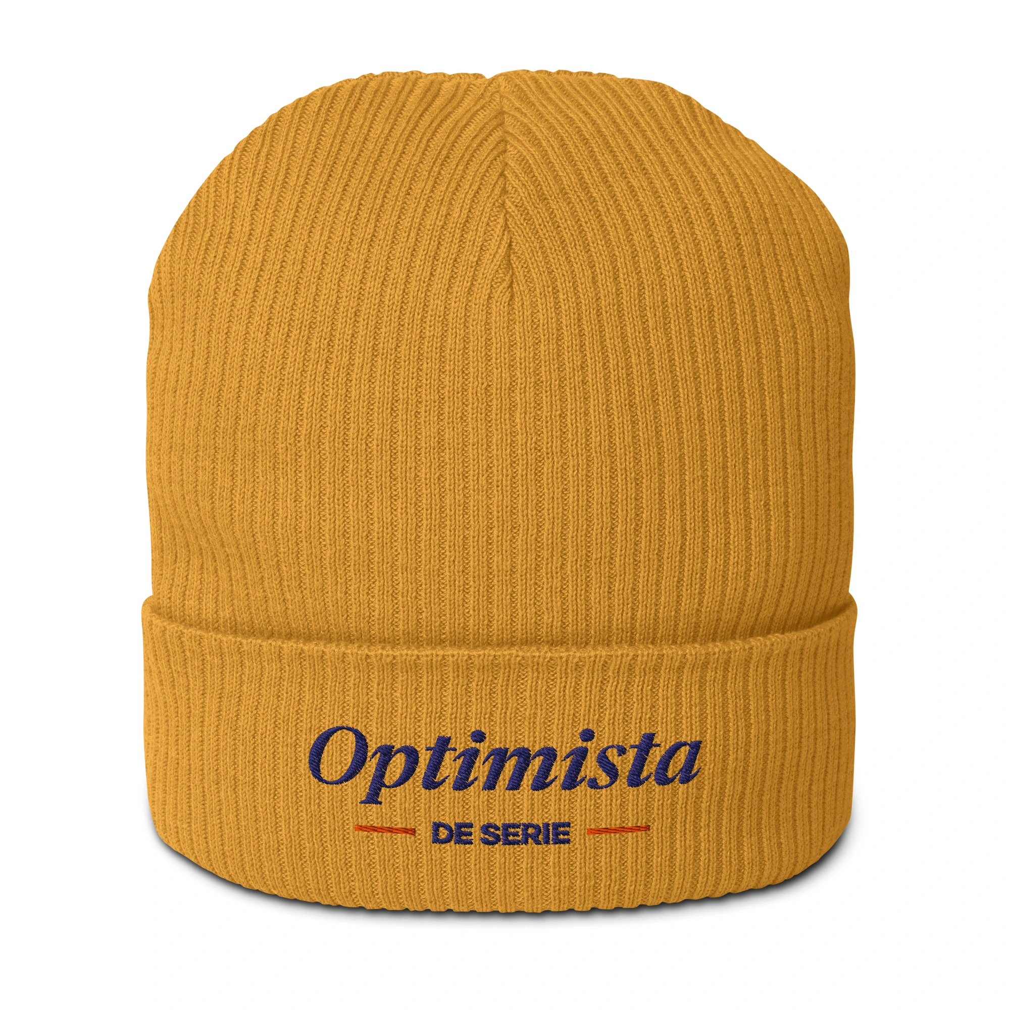 Gorro canalé orgánico bordado «Optimista de serie» de GUAY.news en color amarillo mostaza