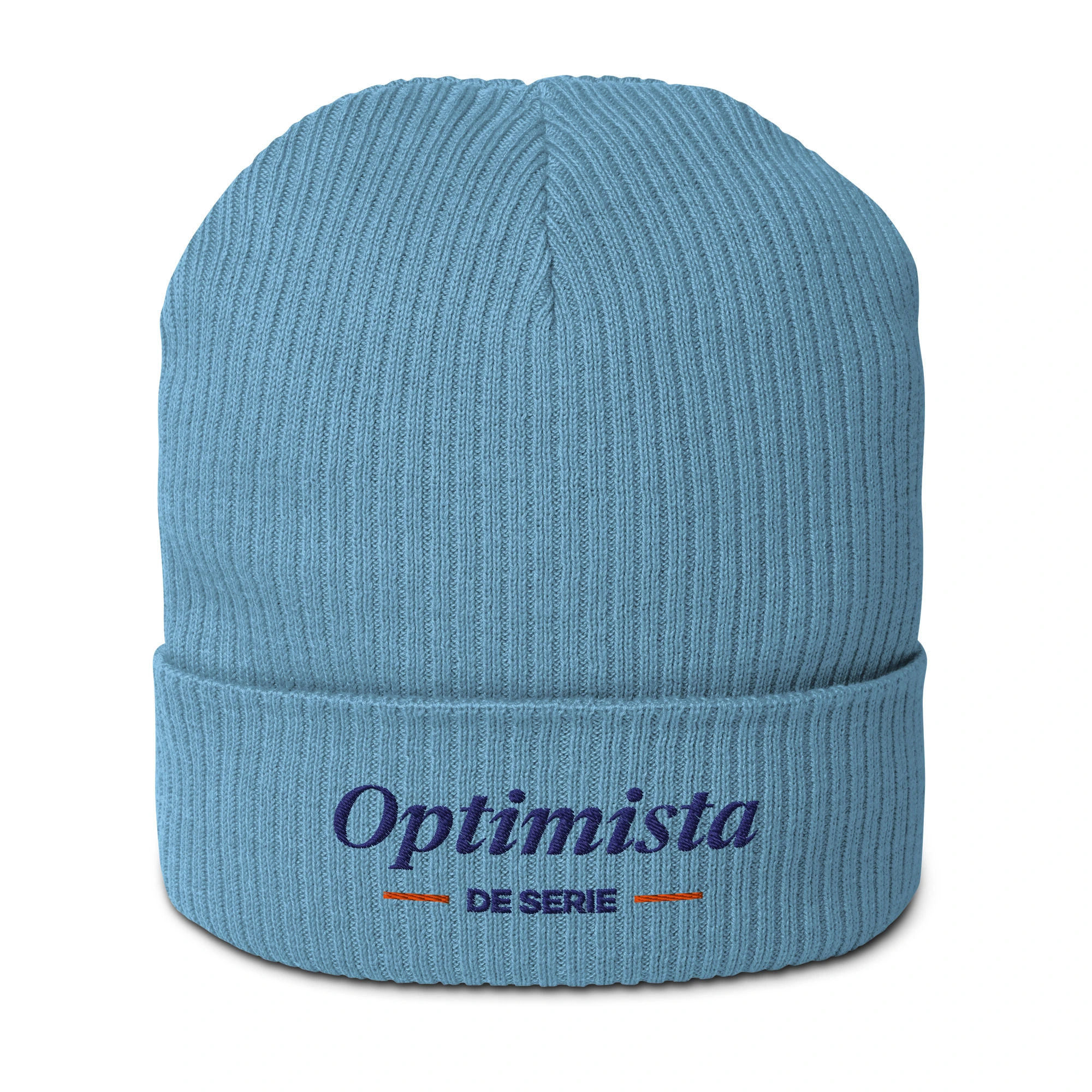 Gorro canalé orgánico bordado «Optimista de serie» de GUAY.news en color azul cielo