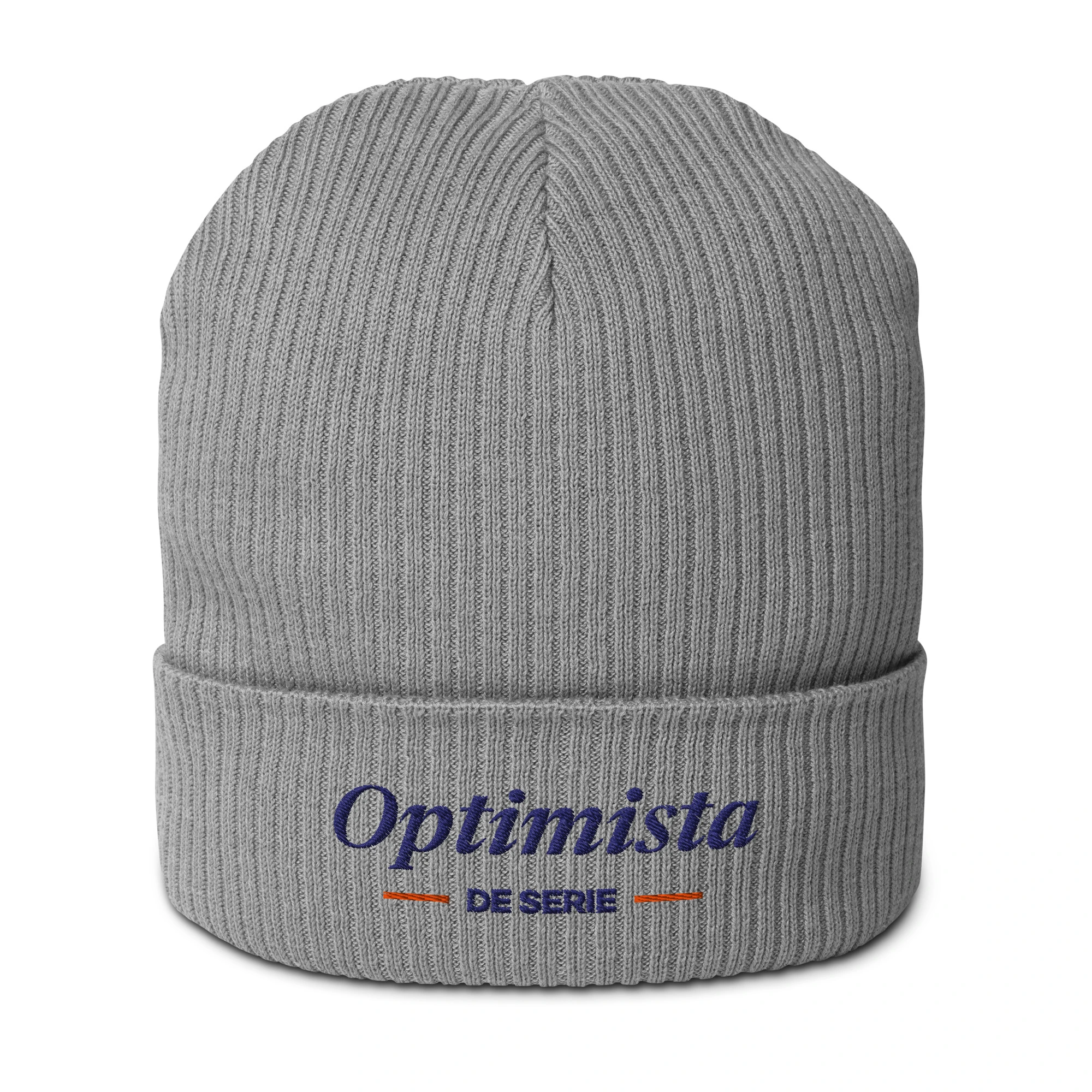 Gorro canalé orgánico bordado «Optimista de serie» de GUAY.news en color gris claro