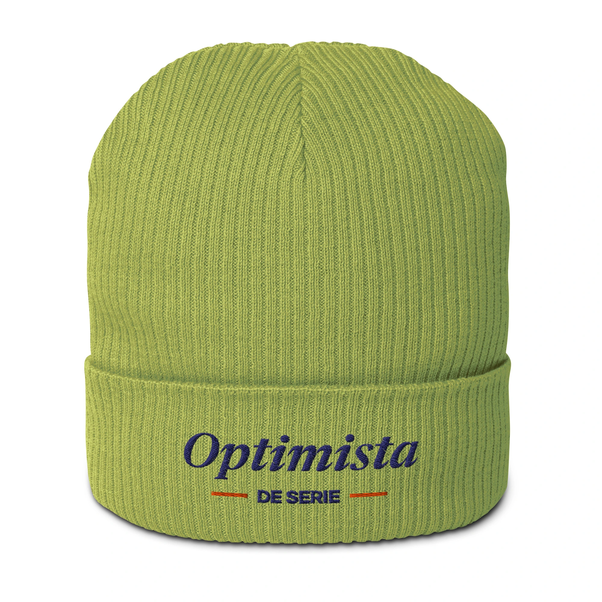 Gorro canalé orgánico bordado «Optimista de serie» de GUAY.news en color verde hoja