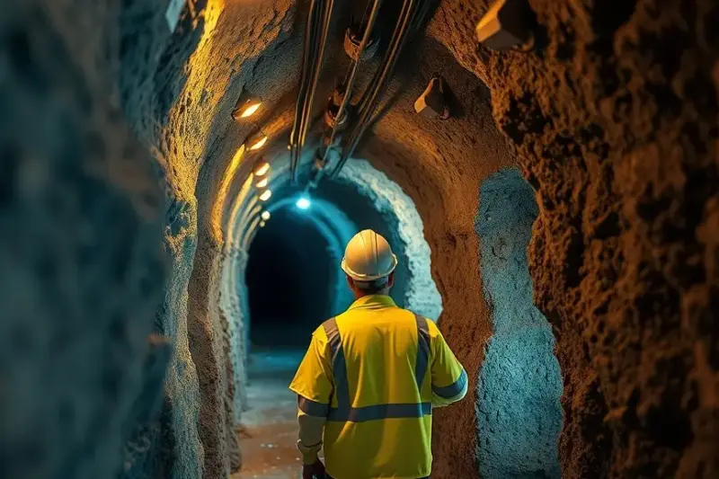 Galería subterránea de una mina con equipos de red inalámbrica instalados en el techo y un trabajador con chaleco…