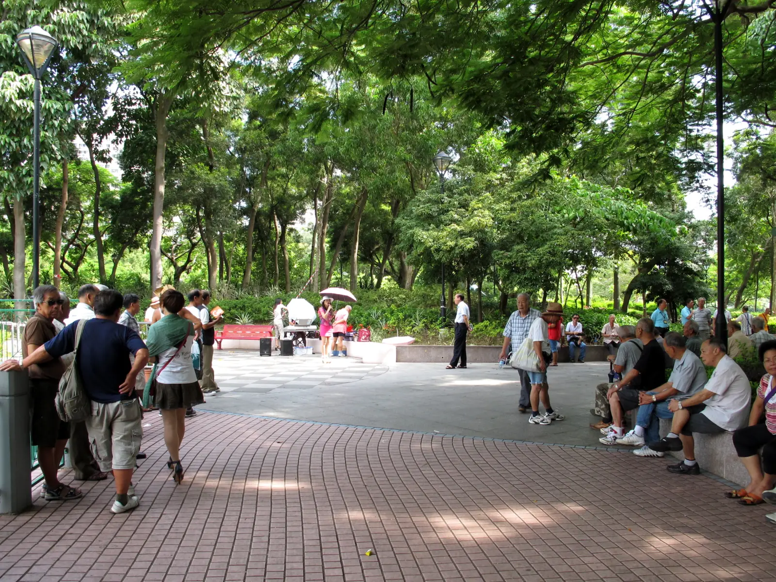 Grupo de personas mayores caminando por un parque en un día soleado.