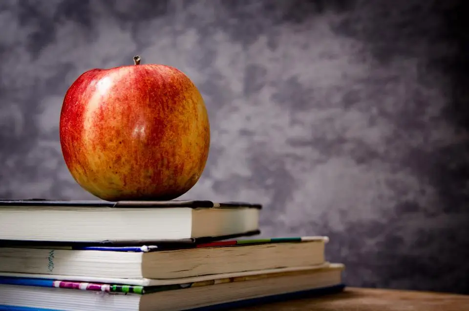Aula de un centro escolar con libros sobre una mesa y un profesor al fondo dando clase.