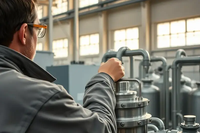 Técnico ajustando las conexiones de un reactor industrial de gases en una instalación de pruebas.