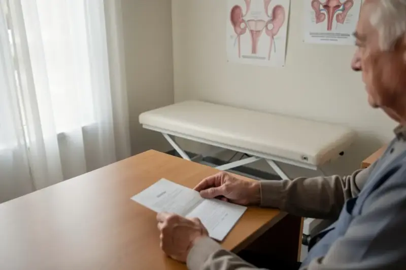Consulta médica de urología con una mesa de madera, luz natural por una ventana y un póster anatómico al fondo.