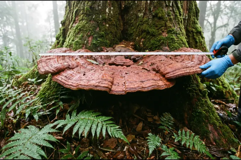 Hongo gigante de color marrón rojizo en la base de un árbol musgoso de un bosque de Yunnan, medido con una cinta métrica