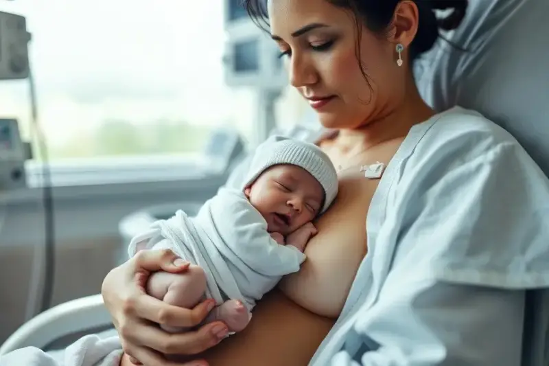 Madre sentada en un sillón sosteniendo sobre el pecho a un bebé prematuro conectado a tubos finos, en una unidad neonatal.