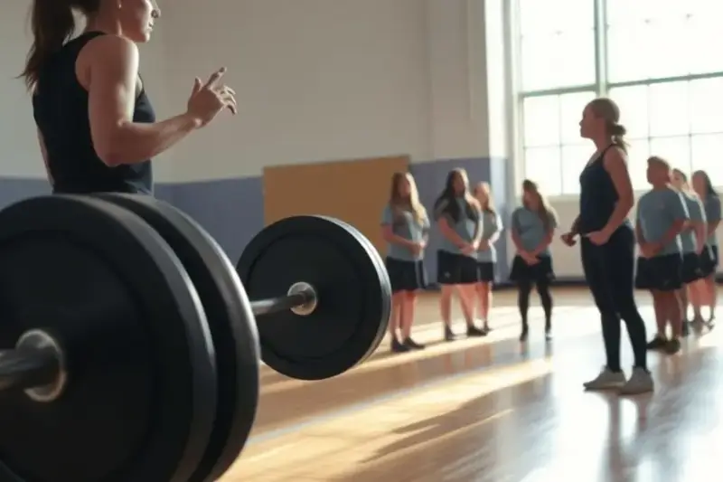 Deportista explica a estudiantes de secundaria cómo se agarra una barra en un gimnasio escolar.
