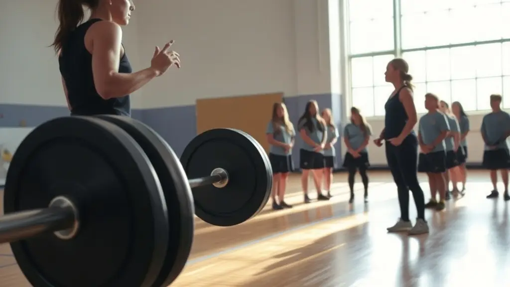 Deportista explica a estudiantes de secundaria cómo se agarra una barra en un gimnasio escolar.