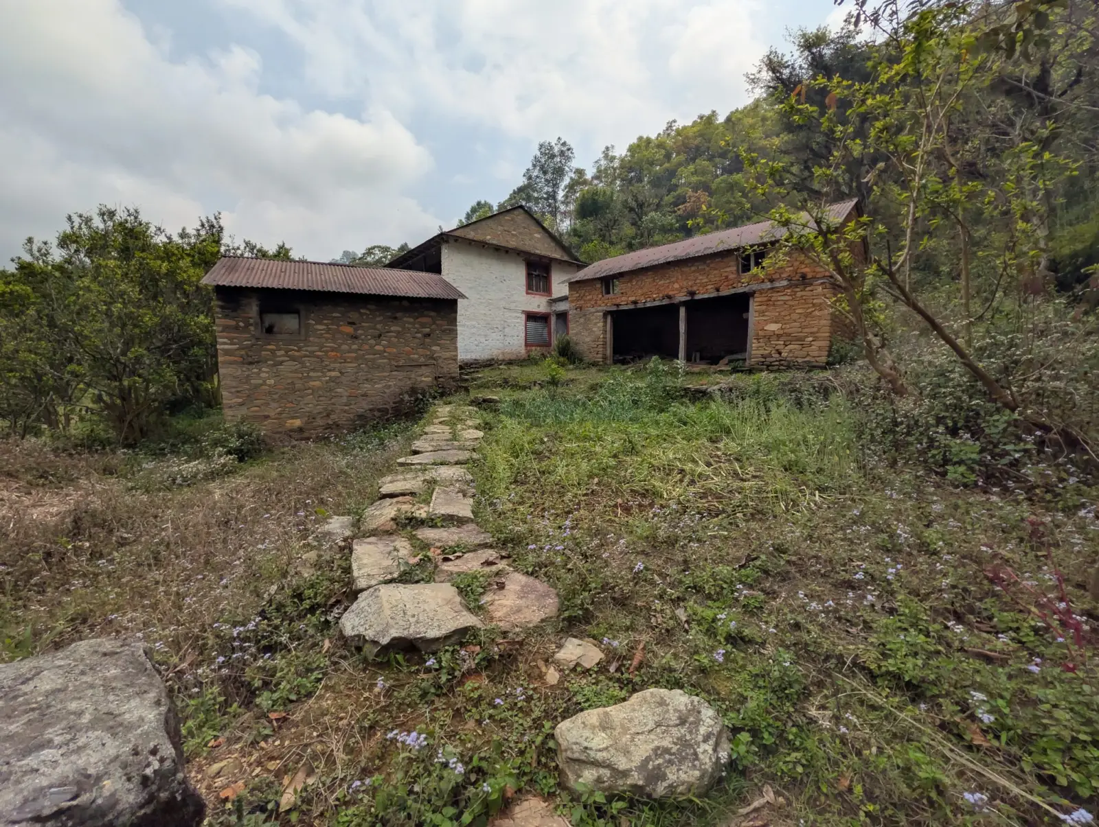 Casa rural antigua de piedra en un pueblo pequeño, con tejado parcialmente renovado y una escalera apoyada en la fachada.