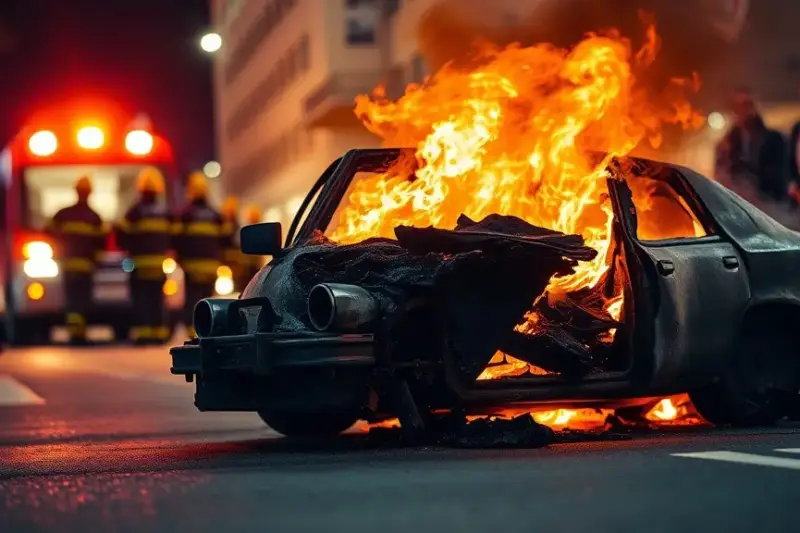 Coche en llamas en la calle