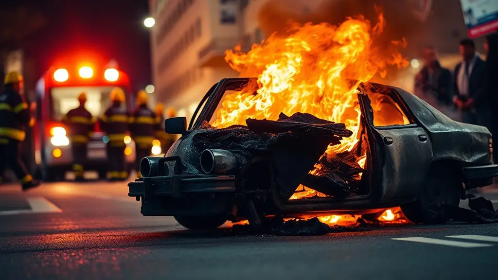Coche en llamas en la calle