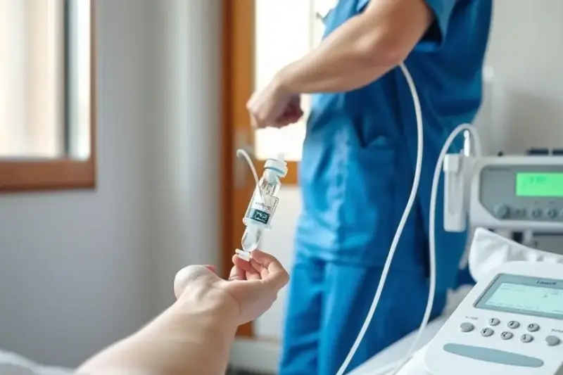 Enfermera ajustando una vía intravenosa en el brazo de un paciente en una sala de infusión hospitalaria