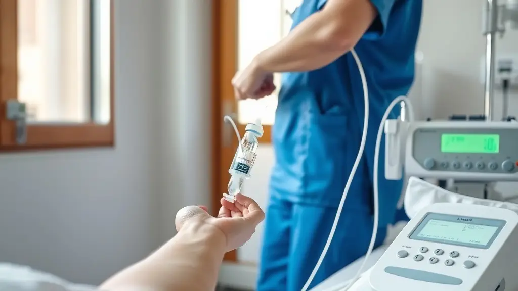 Enfermera ajustando una vía intravenosa en el brazo de un paciente en una sala de infusión hospitalaria