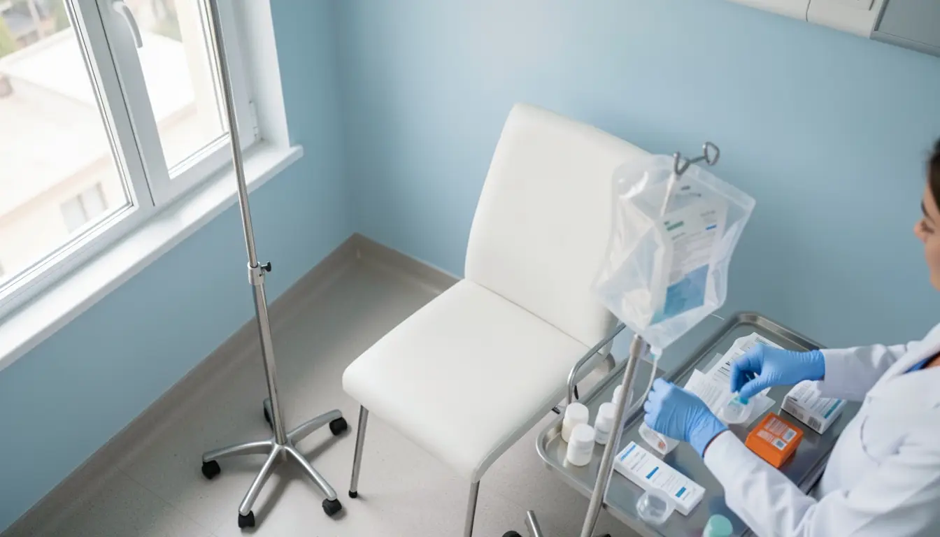 Sala de tratamiento de un hospital con una silla vacía, un soporte de suero y material sanitario preparado.