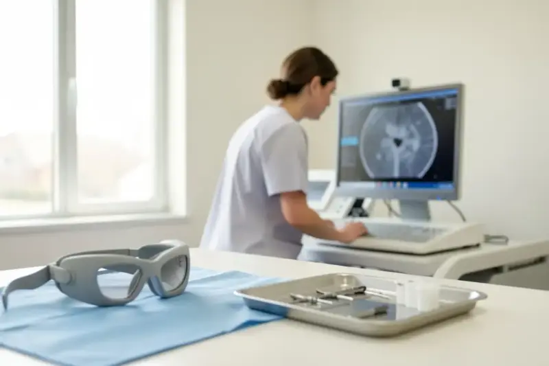 Consulta de oftalmología con gafas de visión inalámbricas sobre una mesa estéril y un monitor con un escáner de retina al…