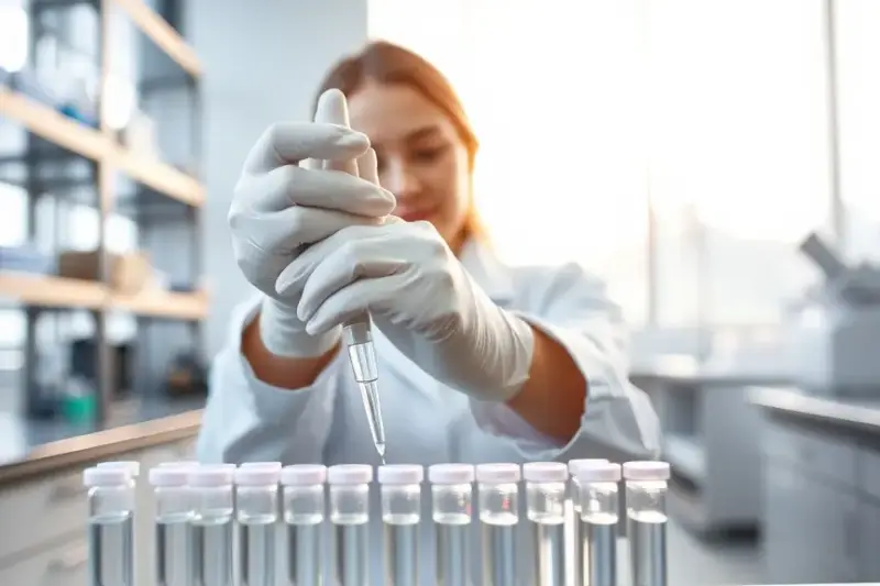 Investigadora con bata blanca trabajando con tubos de muestra en un laboratorio de biomedicina.