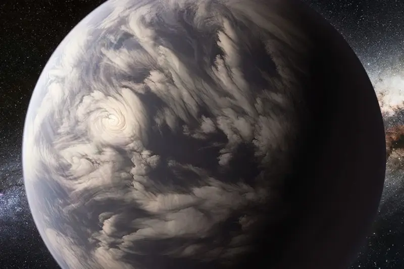 Representación artística de un planeta errante y su luna flotando en el espacio profundo con agua en superficie.