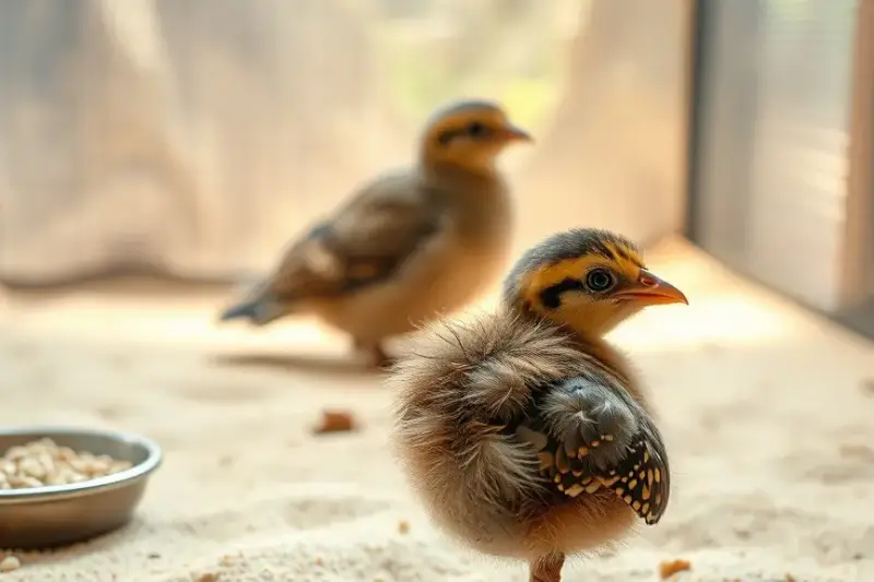 Pollito de ave de plumaje moteado sobre arena en un recinto de zoo, con un ejemplar adulto al fondo.