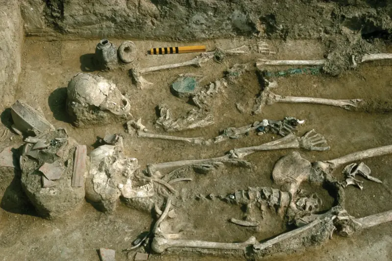Excavación arqueológica con tumbas romanas de tejas y ánforas junto a una obra de metro en una calle del centro de Málaga