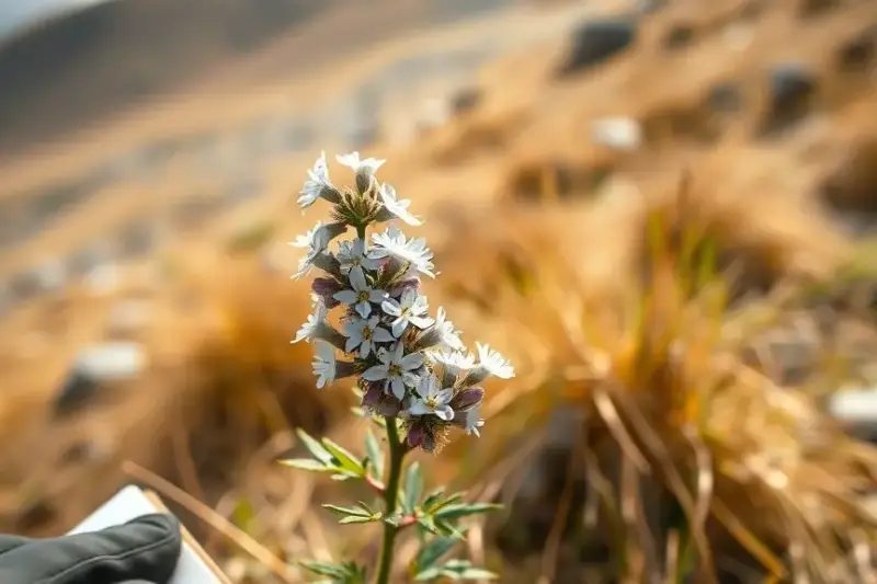 Arbusto de flores azules y blancas en una ladera de montaña andina, con hierba seca y rocas alrededor.