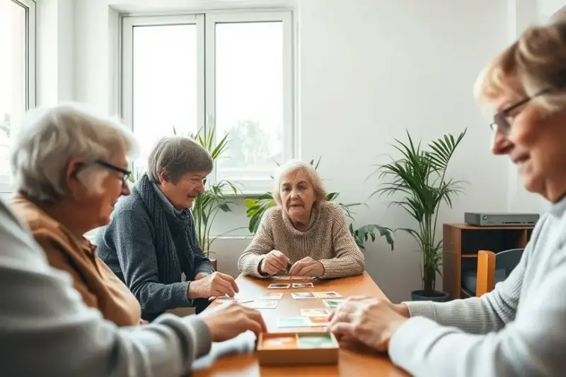 Sala luminosa de un centro de día con personas mayores realizando actividades de estimulación junto a una cuidadora.