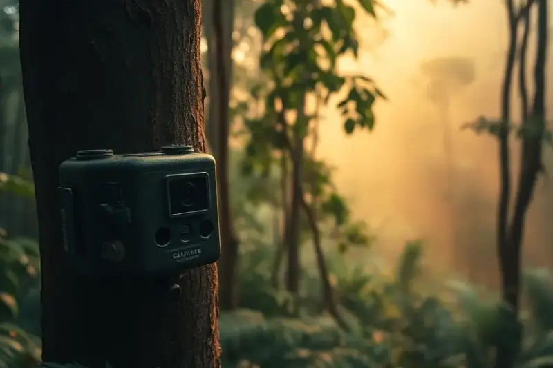 Cámara trampa instalada en el tronco de un árbol en un bosque tropical, con vegetación húmeda al fondo.