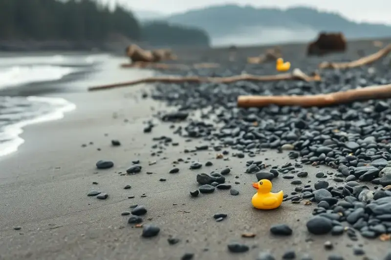 Patos de goma amarillos medio enterrados en la arena de una playa rocosa junto al mar.