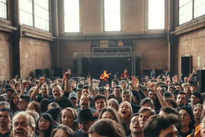 Multitud de personas cantando en el interior de una antigua fábrica industrial con luz natural entrando por grandes…