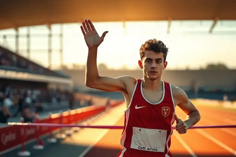 Atleta cruzando la meta en una pista de atletismo al aire libre durante una competición sudamericana.