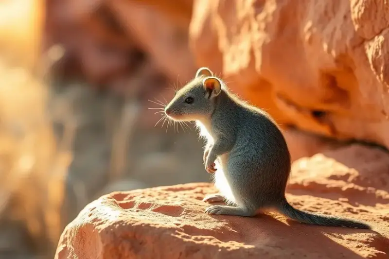 Pequeño marsupial de pelaje gris sobre una roca de arenisca en un paisaje seco del norte de Australia.