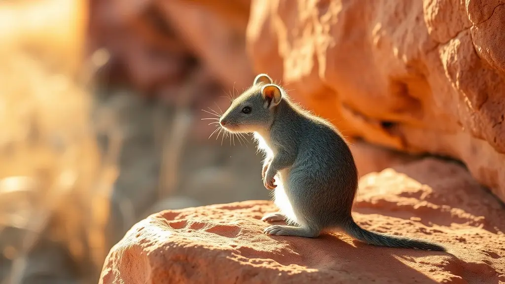 Pequeño marsupial de pelaje gris sobre una roca de arenisca en un paisaje seco del norte de Australia.