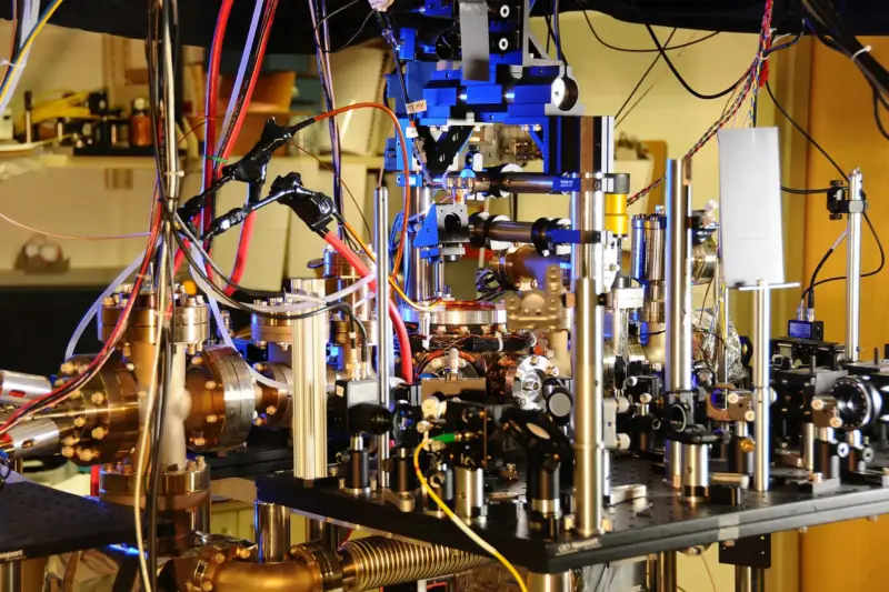 Laboratorio de física con una cámara de vacío criogénica y paneles de control con luces indicadoras.
