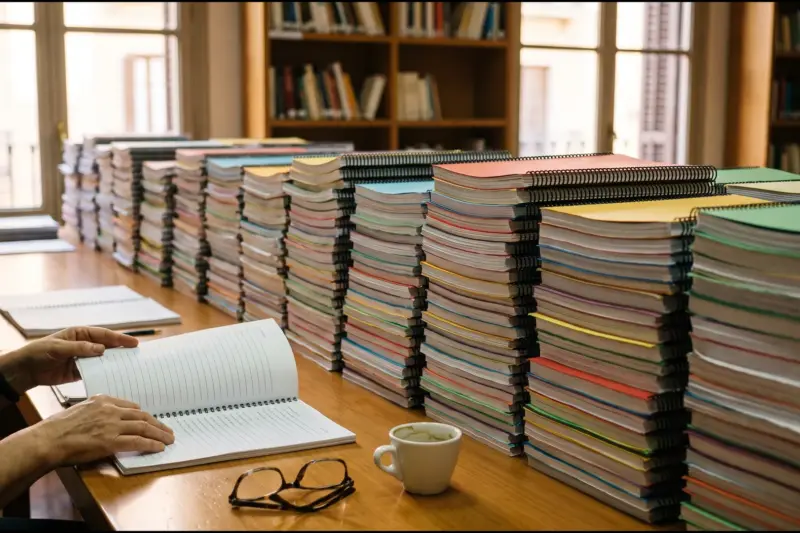 Columnas de manuscritos de novela encuadernados sobre una mesa de madera mientras una lectora revisa uno de ellos