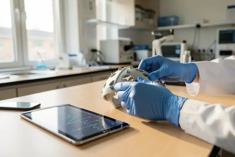 Laboratorio de neurociencia con un gorro de electroencefalografía y un móvil sobre una mesa de trabajo