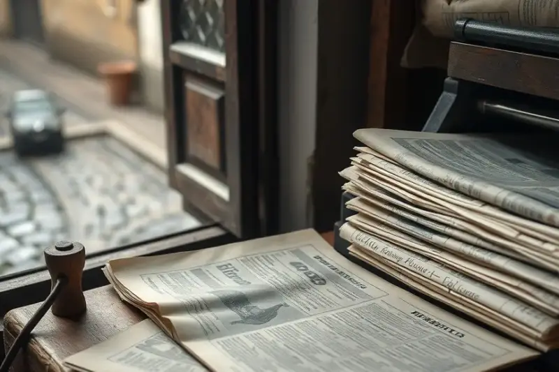 Pilas de periódicos antiguos amarillentos sobre una mesa de madera junto a una ventana, con gafas y un bastón.