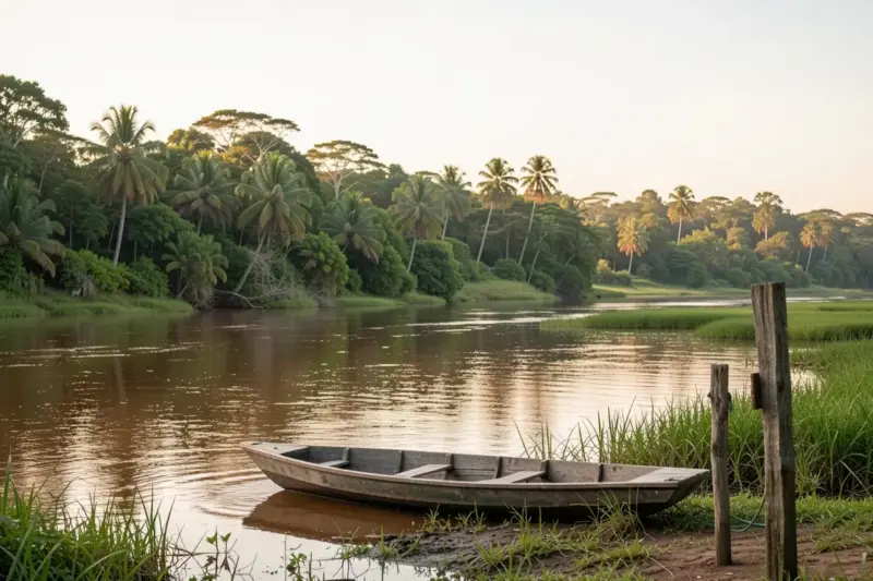 Río amazónico con orillas de selva y llanuras al atardecer, en la frontera entre Bolivia y Brasil.