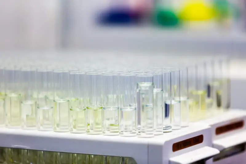 Vial de reacción química iluminado sobre una mesa de laboratorio, con un investigador al fondo.